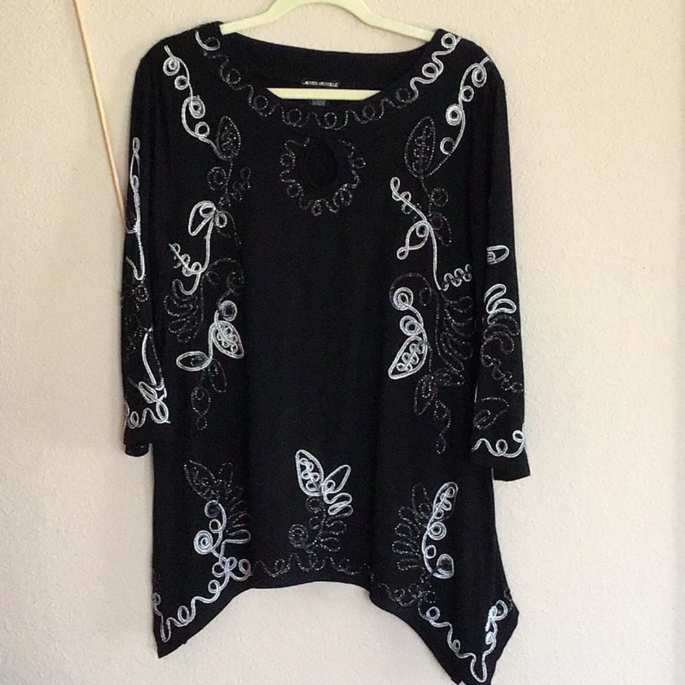 GORGEOUS floaty black & silver embroidered sleeved tunic, XL